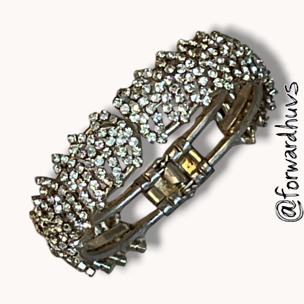 Antique 1930s-1950s Rhinestone Clamper Bracelet Art Deco Silver Tone